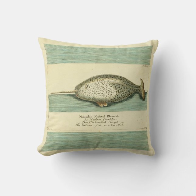 Coussin Narwhal Antique Baleine Aquarelle Art scientifique (Recto)