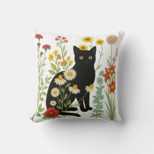Coussin Nature botanique – Chat noir dans un jardin de fle