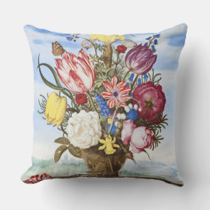 Coussin Nature morte florale de l'Âge d'or néerlandais vin