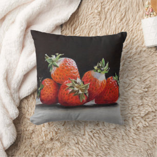 Coussin Nature morte réaliste aux fraises, peinture à l'hu