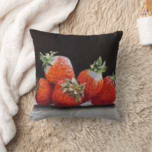Coussin Nature morte réaliste aux fraises, peinture à l'hu