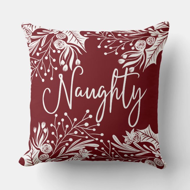 Coussin Naughty Nice Rouge Blanc Noël Floral Ivy Feuilles (Recto)