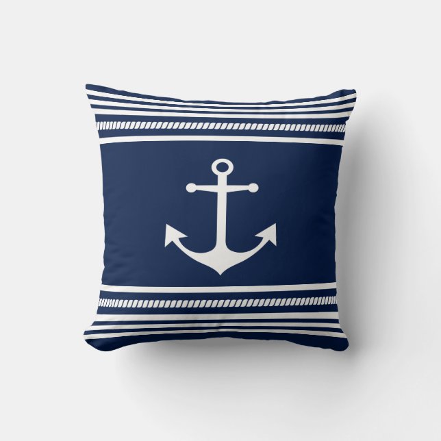 Coussin Nautica, Bleu Blancs, Coussin Ancre (Recto)