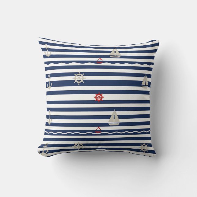 Coussin Nautical Anchor Sailboat Stripe Pattern (Recto)