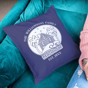 Coussin Nautical Beach House Nom de famille Bleu et blanc