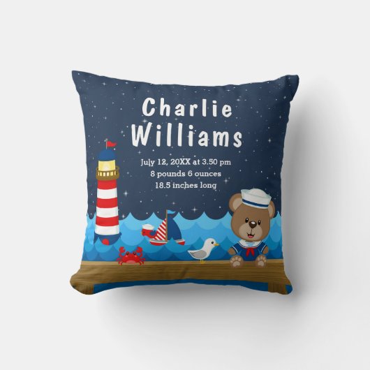 Coussin Nautical Boy Bear Statistiques de naissance de la (Recto)