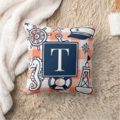 Coussin Nautical Doodles – Monogramme Gingham Corail et Nu (Couverture)