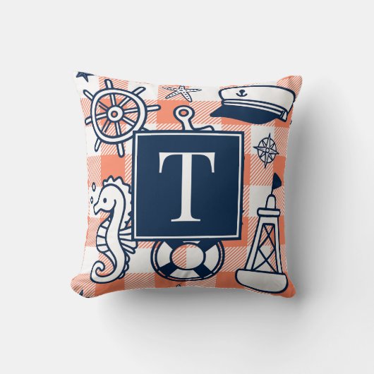 Coussin Nautical Doodles – Monogramme Gingham Corail et Nu (Recto)