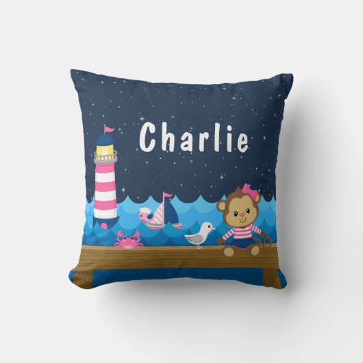 Coussin Nautical Girl Singe rose et Marine (Recto)