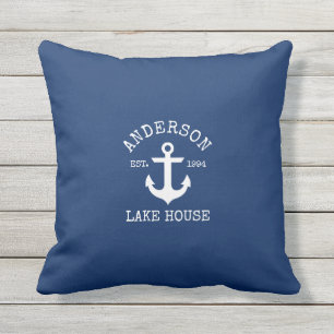 Coussin Nautical Lake House Nom de famille Ancre Marine Bl