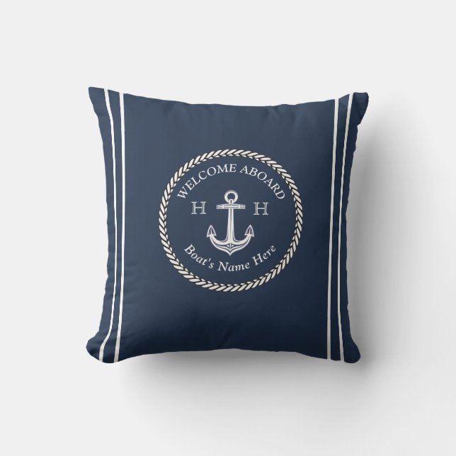 Coussin Nautical Marine Blue Boat Nom Ancre corde (Recto)