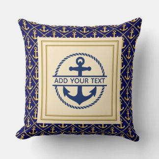 Coussin Nautical Navy Blue and Gold Custom Name Anchor