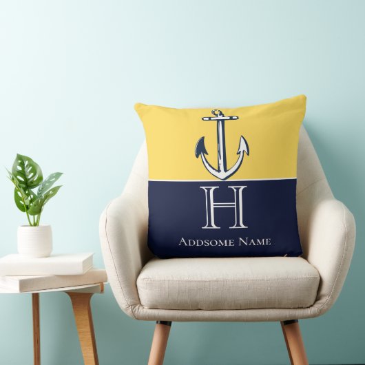 Coussin Nautical Navy Blue Mustard Yellow Anchor monogram (Chaise)