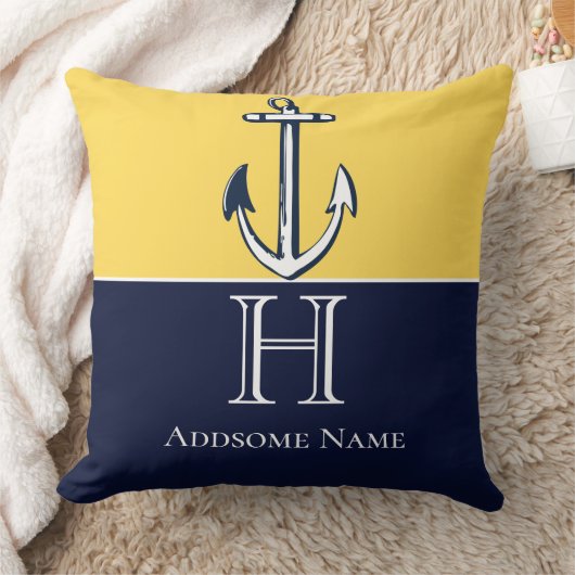 Coussin Nautical Navy Blue Mustard Yellow Anchor monogram (Couverture)