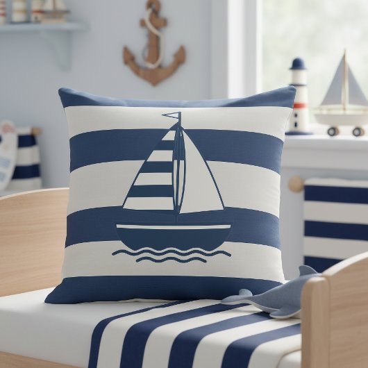 Coussin Nautical Sailboat & Stripe Navy White ID1255