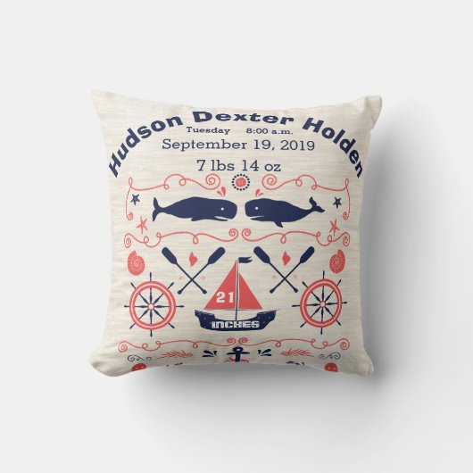Coussin Nautical Whales Boy Nursery Baby Birth Stat (Recto)