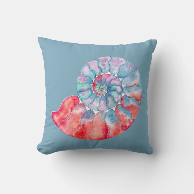 Coussin Nautilus gris rouge bleu sur bleu foncé (Recto)