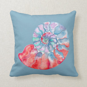 Coussin Nautilus gris rouge bleu sur bleu foncé