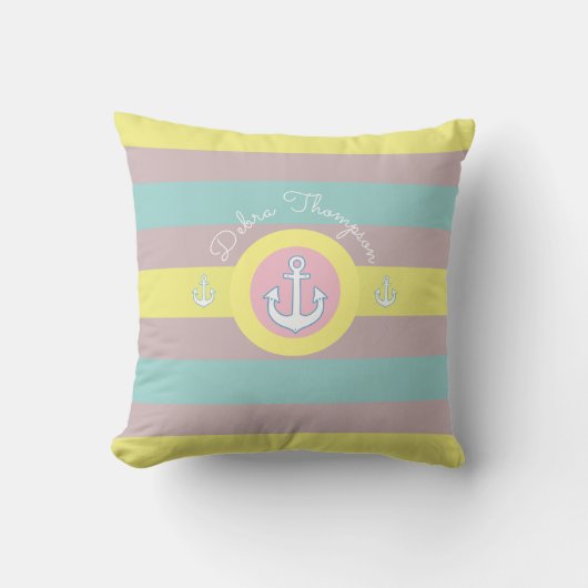 Coussin nautique avec ancre, rayé jaune, bleu et rose (Recto)