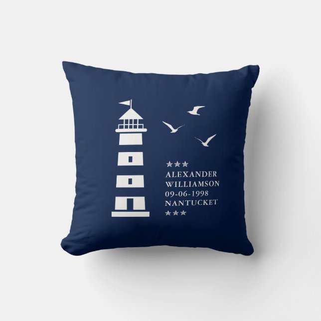 Coussin nautique bleu et blanc, phare, nom (Recto)