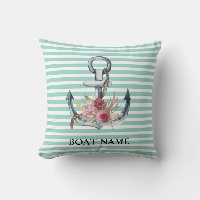 Coussin Nautique, Fleurs d'ancre Rayures Vert Menthe (Recto)