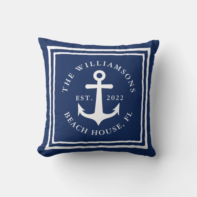Coussin Nautique Marine Bleu Blanc Nom de famille Maison d (Recto)
