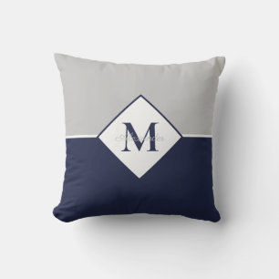 Coussin Nautique moderne Marine bleu gris monogramme lance