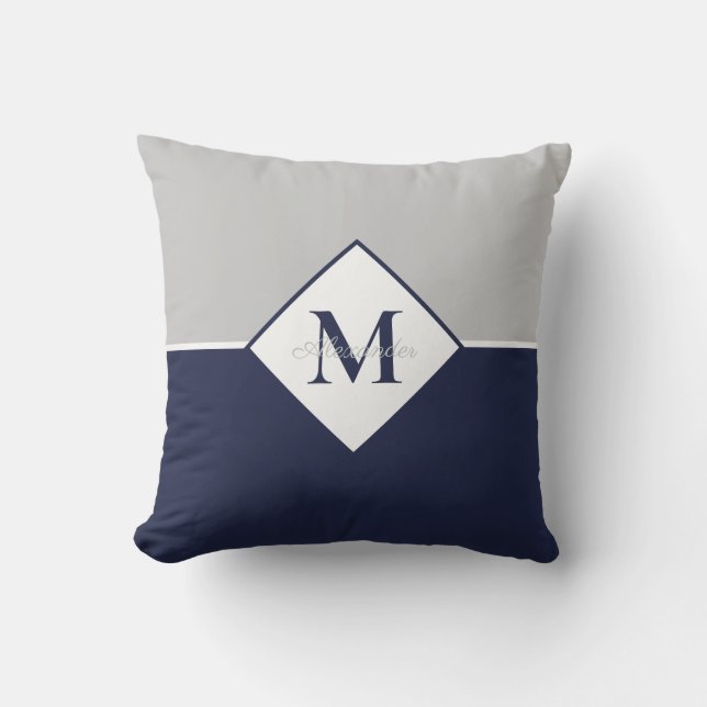 Coussin Nautique moderne Marine bleu gris monogramme lance (Recto)