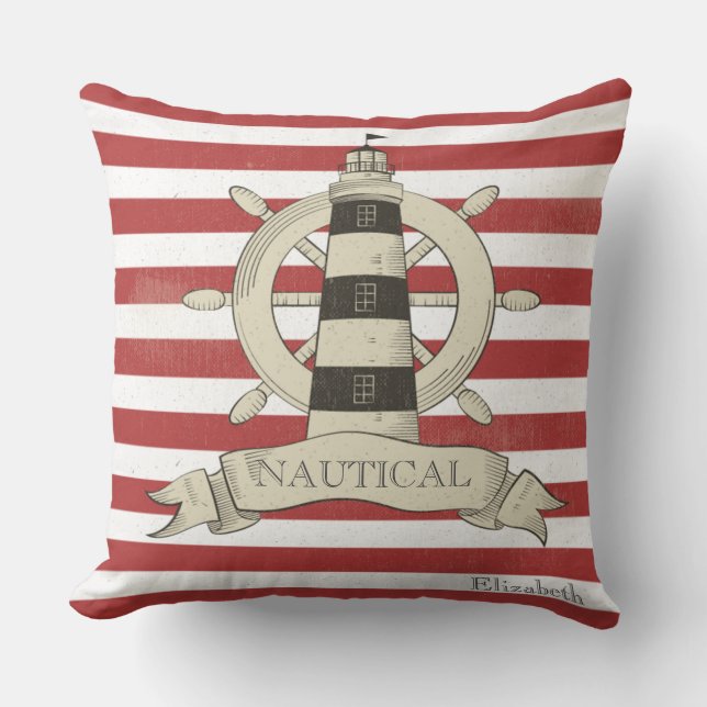 Coussin Nautique, Roue de bateau, Bandes rouges et blanche (Recto)