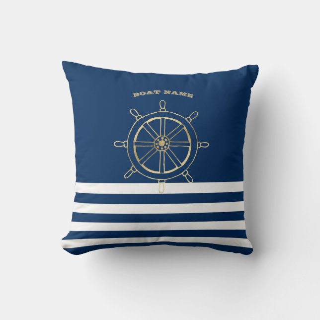Coussin Nautique, Roue de bateau en or, Bleu de marine (Recto)