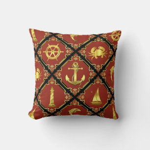 Coussin Nautique rouge/or/dauphin/voilier/ancre/crabe