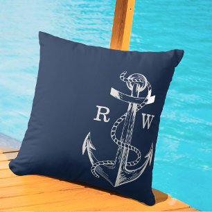 Coussin Navire bleu marine Ancre nautique et monogramme de