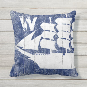 Coussin Navire nautique Blue Beach Wood Monogramme