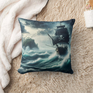 Coussin Navire pirate affrontant des mers orageuses près d
