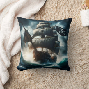 Coussin Navire pirate bravant les mers orageuses au crépus