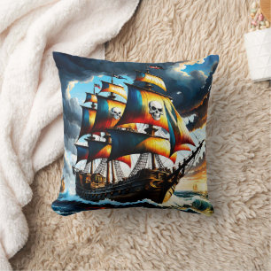 Coussin Navire pirate coloré vole dans un ciel orageux