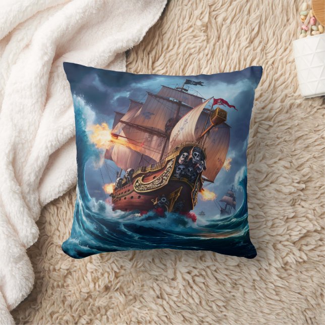 Coussin Navire Pirate Féroce Engagé dans des Mers Orageuse (Couverture)