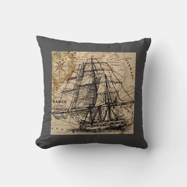 Coussin Navire Vintage Et Carte (Recto)