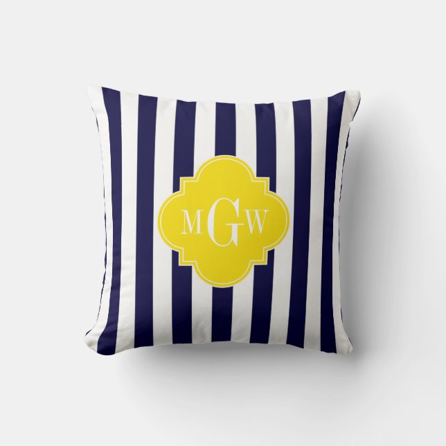 Coussin Navy Blanc Rayure Jaune Quatrefoil 3 Monogramme (Recto)