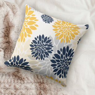 Coussin Navy Blue Gold Oversized Flower Pattern