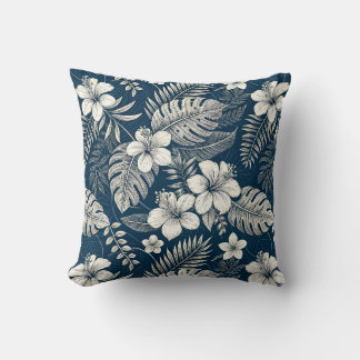 Coussin Navy Blue Hibiscus Monstera Tropical Botanical
