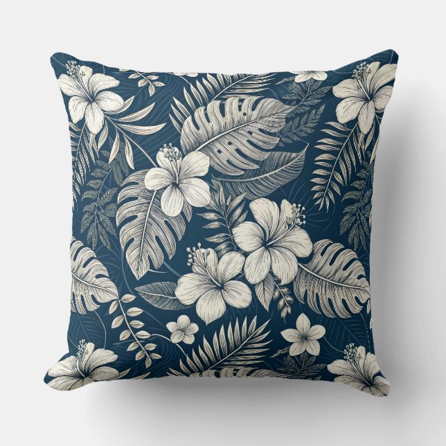 Coussin Navy Blue Hibiscus Monstera Tropical Botanical (Recto)