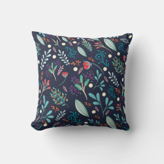 Coussin Navy Blue Rustic Floral Folk Art Pattern Pillow