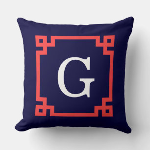 Coussin Navy, Cadre Monogramme Initiale #2 à Clé Grecque R