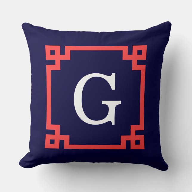 Coussin Navy, Cadre Monogramme Initiale #2 à Clé Grecque R (Recto)