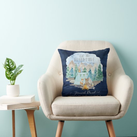 Coussin Navy Camping Adventure Forest Baby Boy Bird Stats (Chaise)