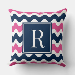 Coussin Navy et rose chaud Prépa Ric Rac Monogramme rayé