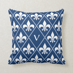 Coussin Navy Fleur de Lis avec l'initiale de monogramme