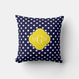 Coussin Navy White Polka Dots Yellow Quatrefoil 3 monogram