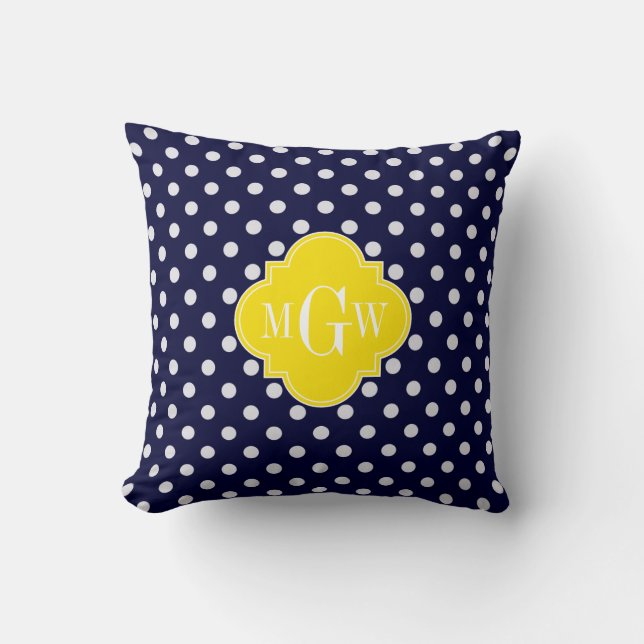 Coussin Navy White Polka Dots Yellow Quatrefoil 3 monogram (Recto)